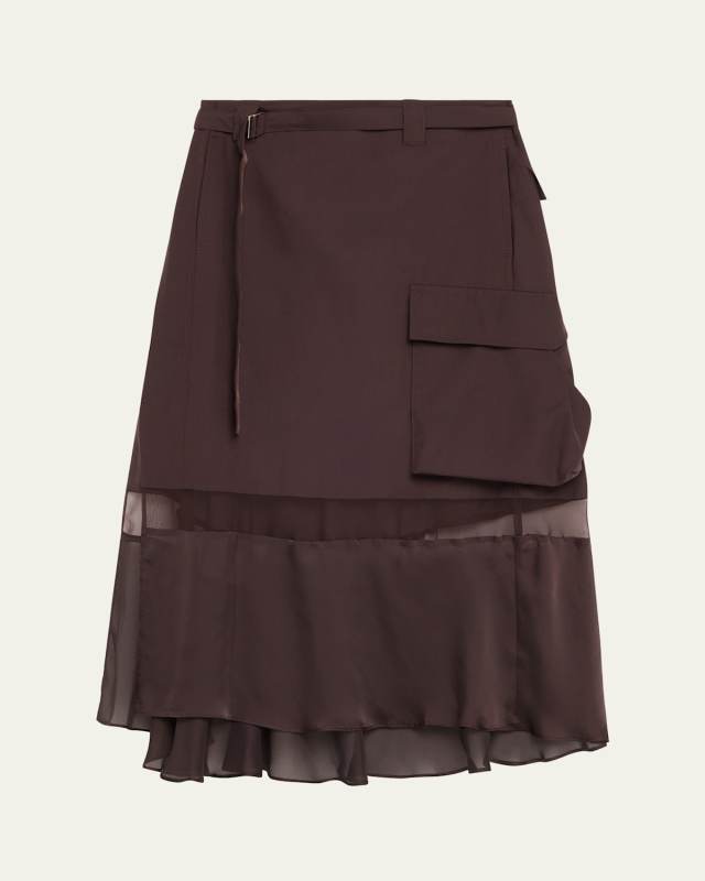 Belted Sheer-Insert Midi Skirt